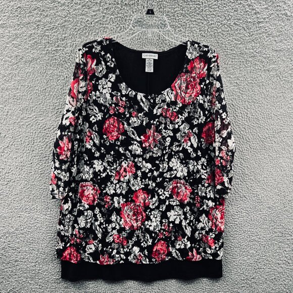 Catherines Womens Top 0X Red‎ Floral Lace Overlay Layered Plus Size Romantic - Picture 1 of 11
